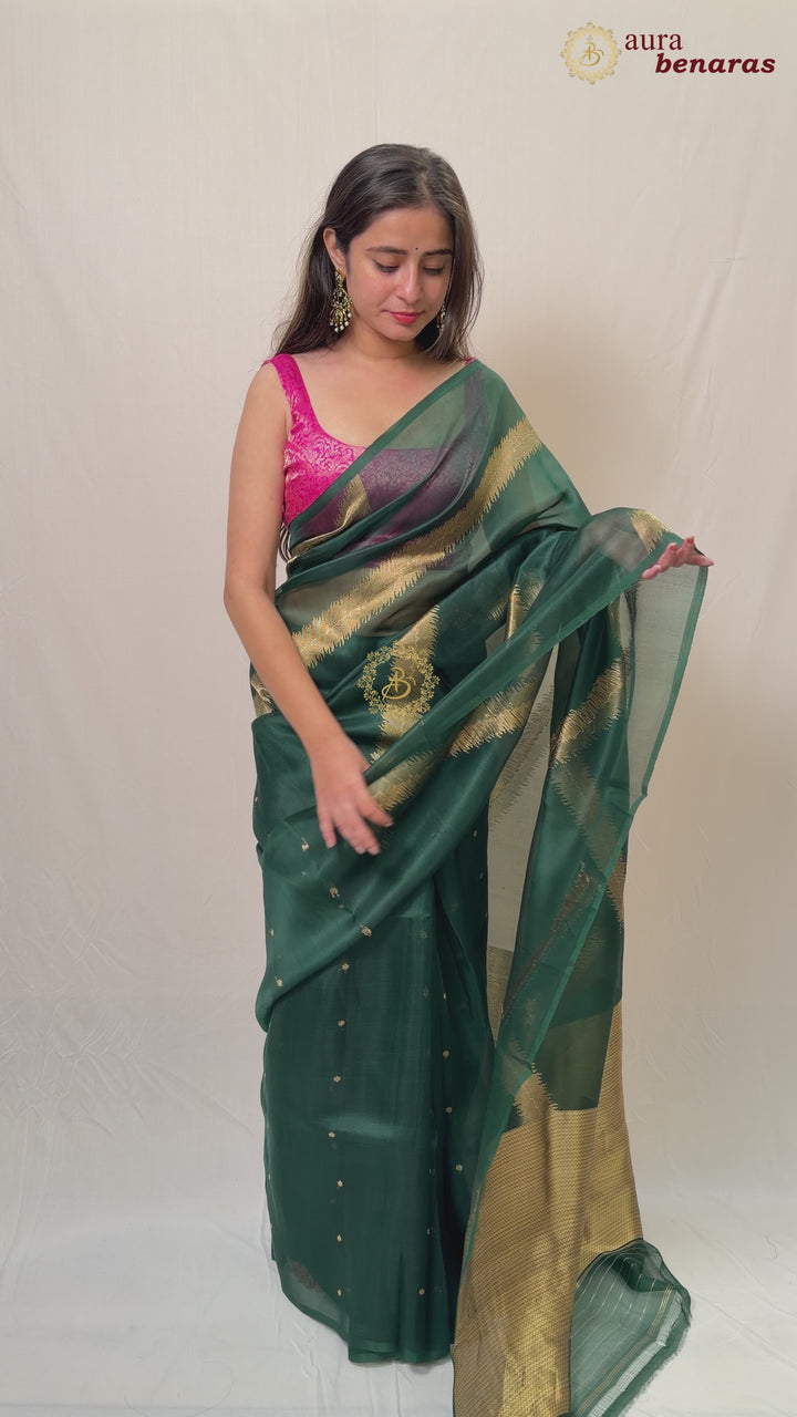 Bottle Green Pure Kora Silk Handloom Banarasi Saree