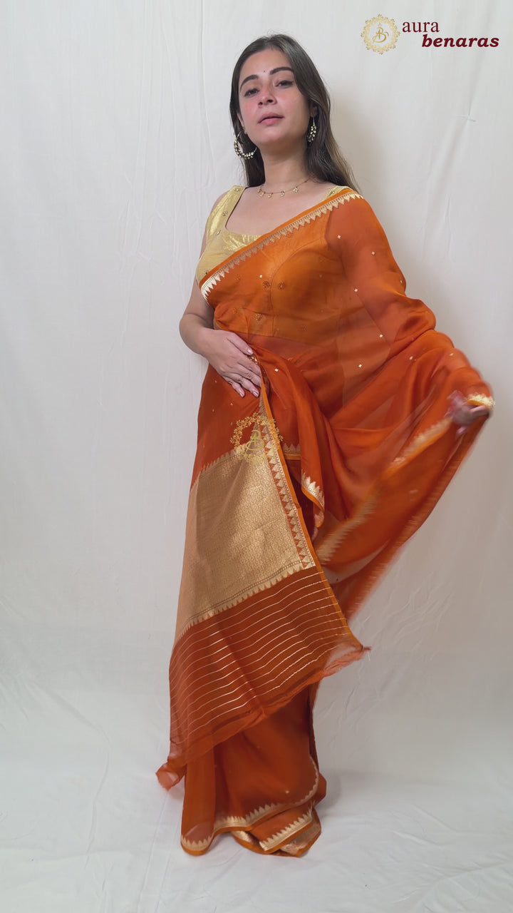 Rust Orange Kora Silk Banarasi Saree with Zari Butis & Border