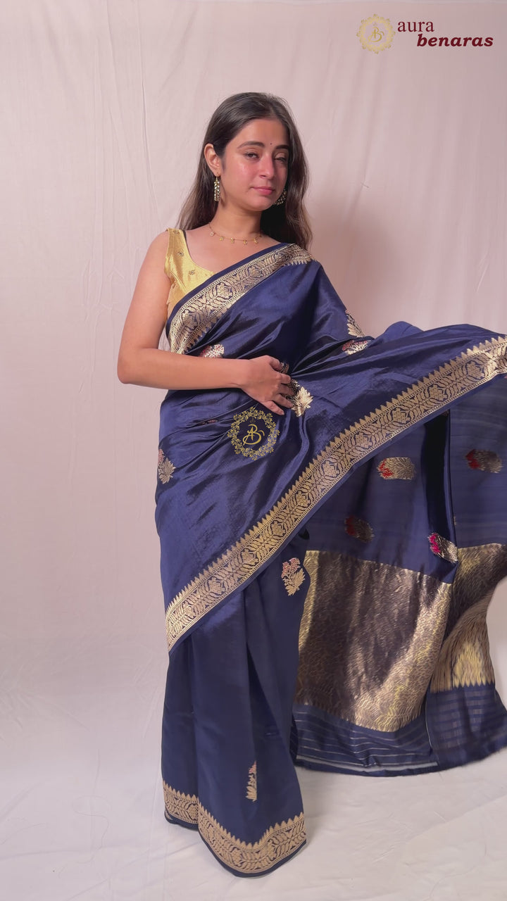 Navy Blue Pure Banarasi Handloom Silk Saree - Aura Benaras