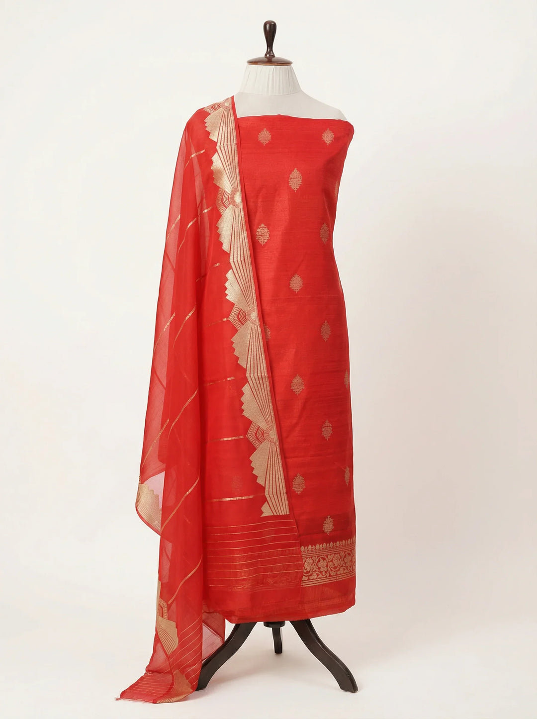 Red Banarasi Raw Silk Unstitched Suit with Kadhwa Work