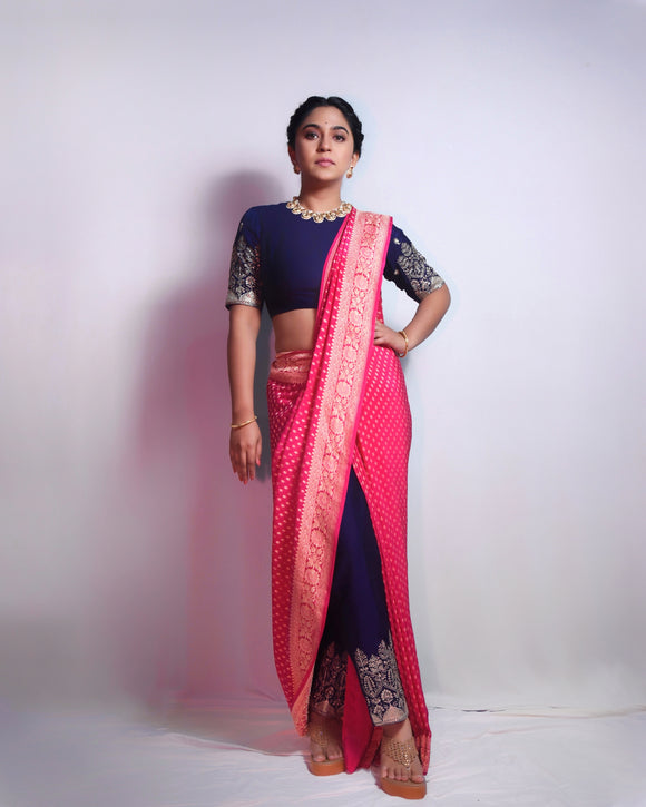 Rani Pink Pure Banarasi Khaddi Crepe Silk Saree