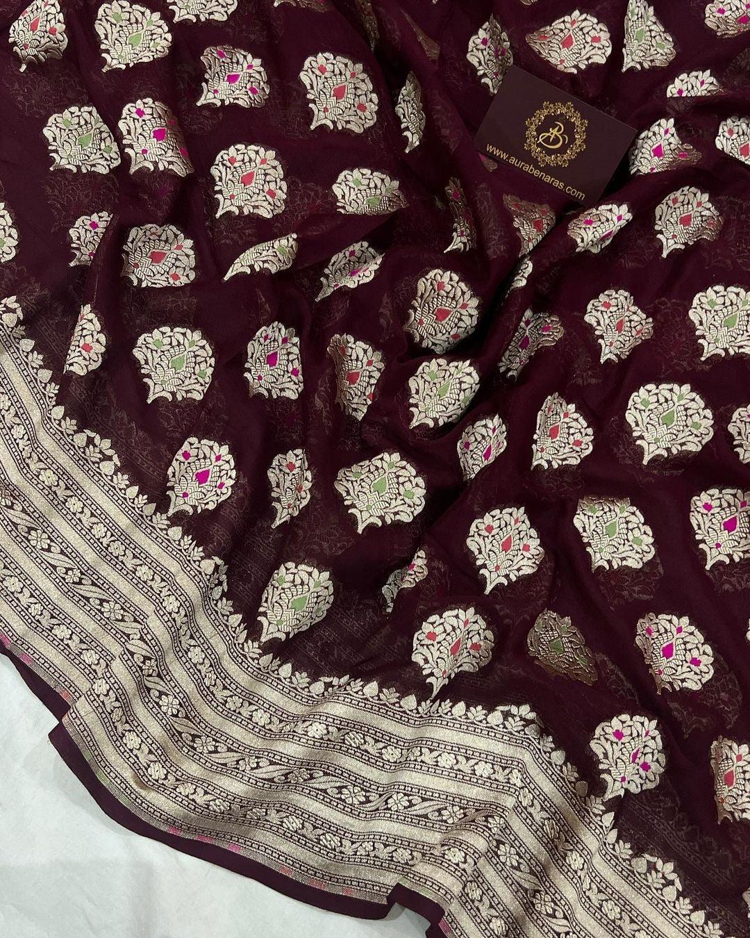 Wine Banarasi Khaddi Georgette Saree - Aura Benaras