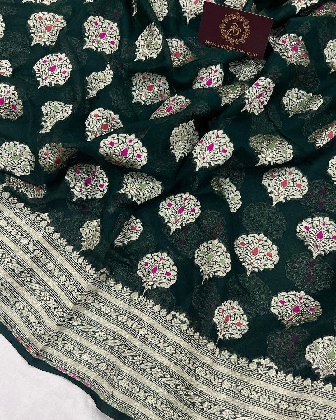 Bottle Green Banarasi Khaddi Georgette Saree - Aura Benaras