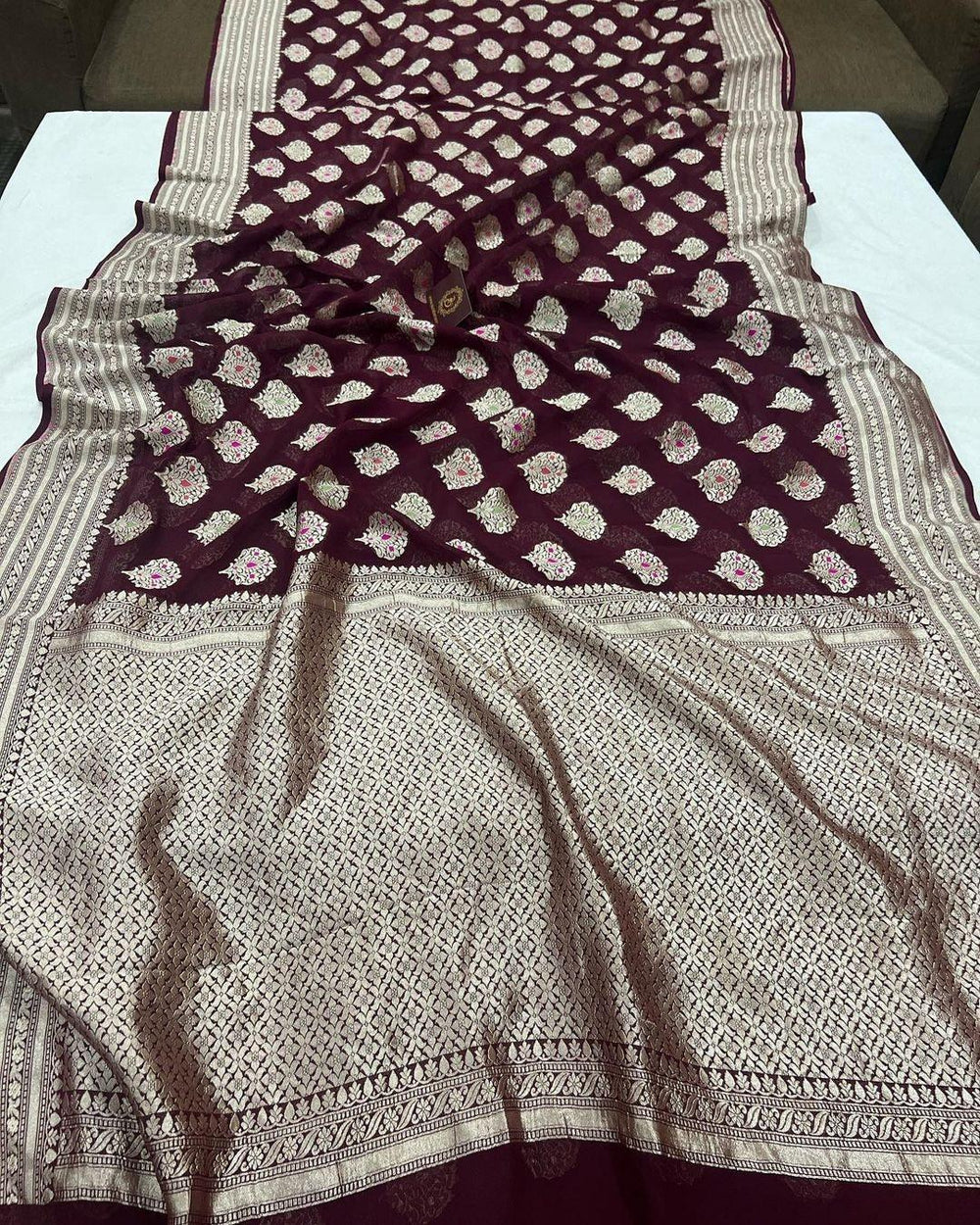 Wine Banarasi Khaddi Georgette Saree - Aura Benaras