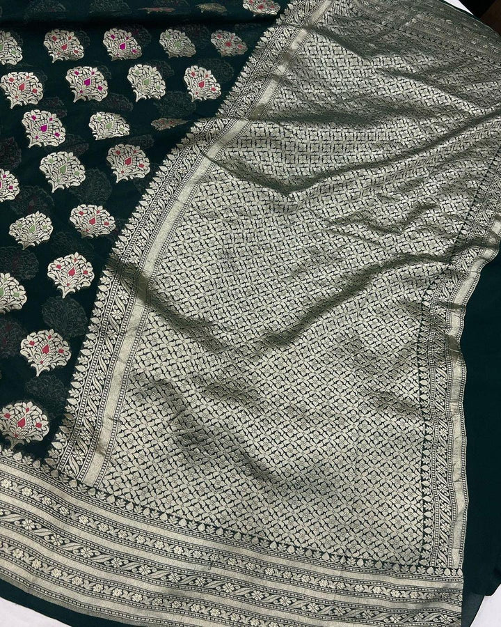 Bottle Green Banarasi Khaddi Georgette Saree - Aura Benaras