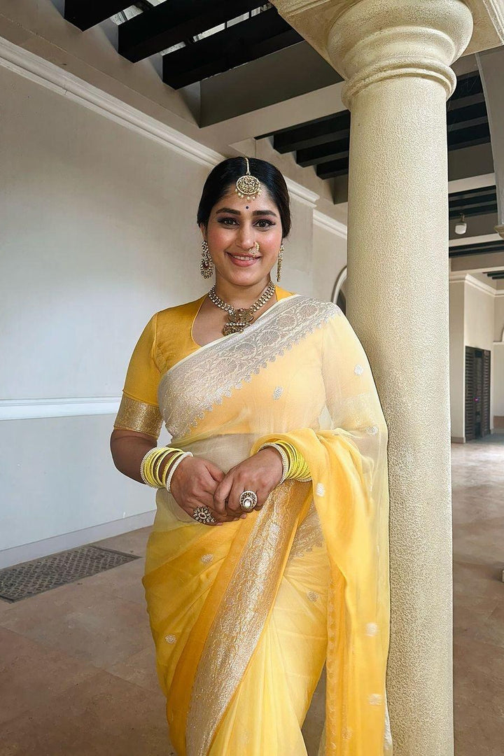 Cream-Yellow Ombre Shaded Khaddi Chiffon Banarasi Handloom Saree