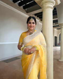 Cream-Yellow Ombre Shaded Khaddi Chiffon Banarasi Handloom Saree