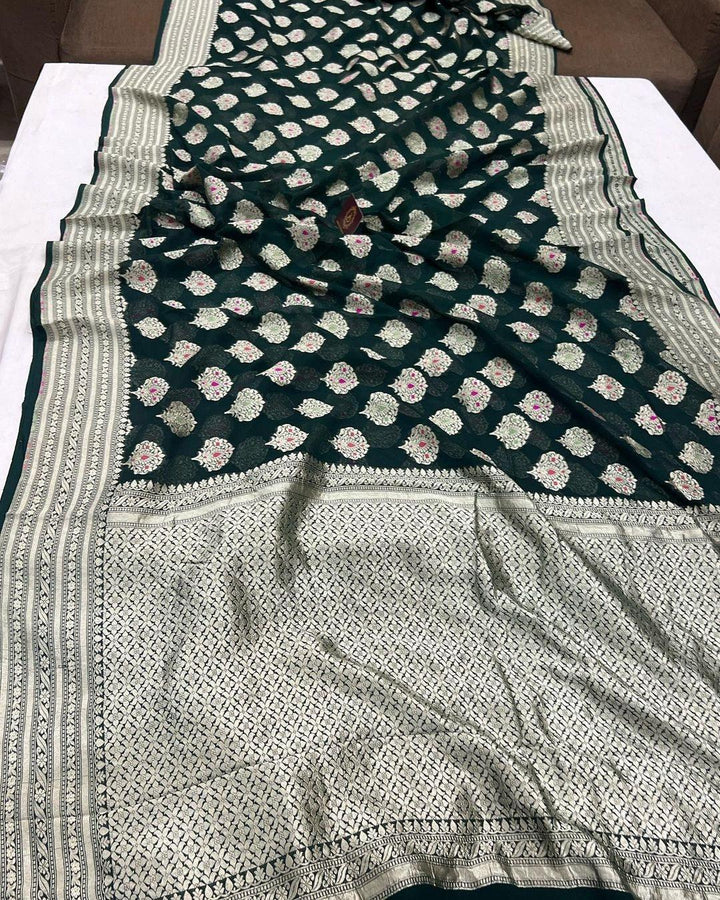 Bottle Green Banarasi Khaddi Georgette Saree - Aura Benaras