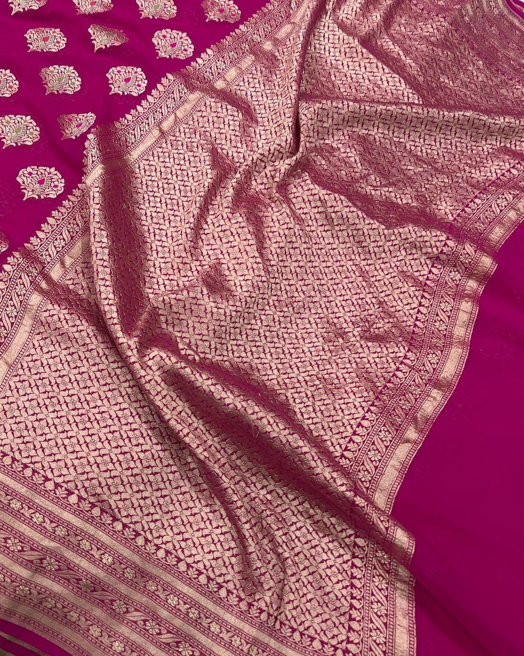 Rani Pink Banarasi Khaddi Georgette Saree - Aura Benaras