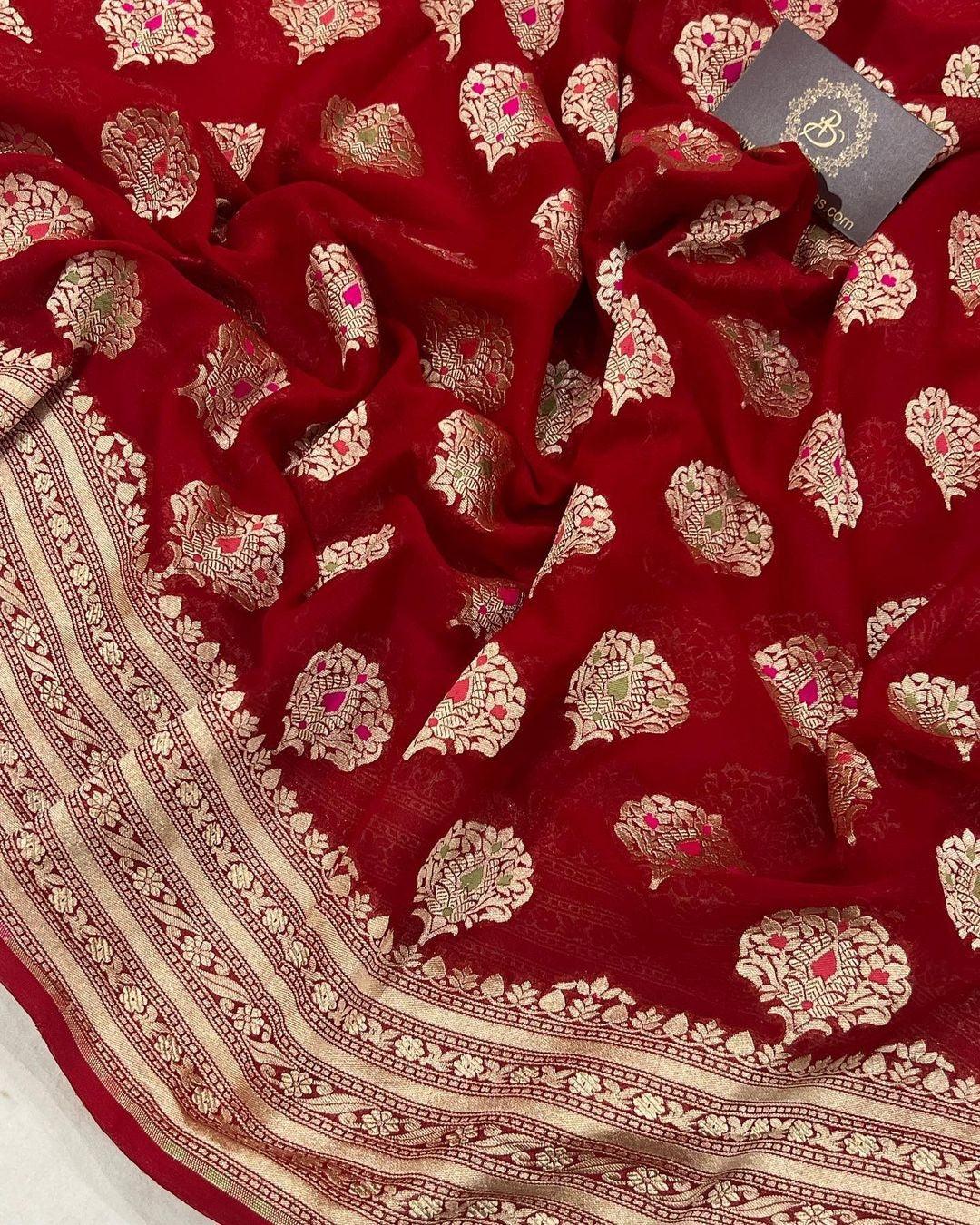 Red Banarasi Khaddi Georgette Saree - Aura Benaras