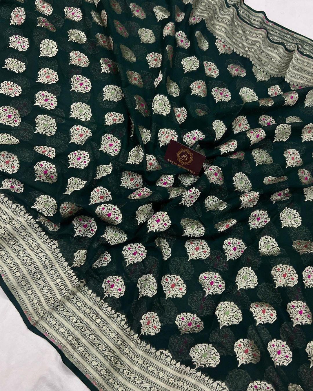 Bottle Green Banarasi Khaddi Georgette Saree - Aura Benaras