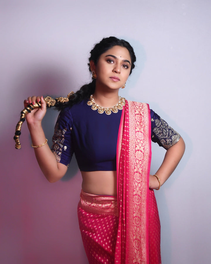 Rani Pink Pure Banarasi Khaddi Crepe Silk Saree