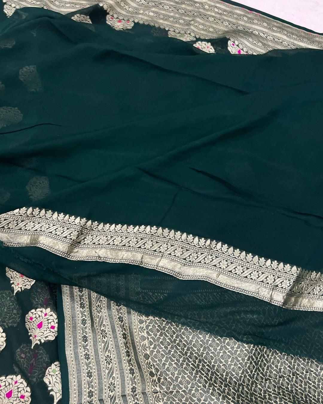 Bottle Green Banarasi Khaddi Georgette Saree - Aura Benaras