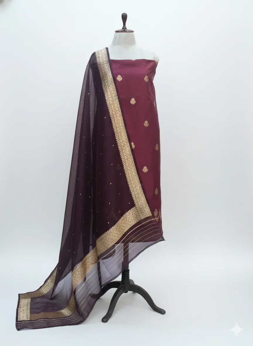 Wine Pure Banarasi Silk Unstitched Suit Kadhwa Work