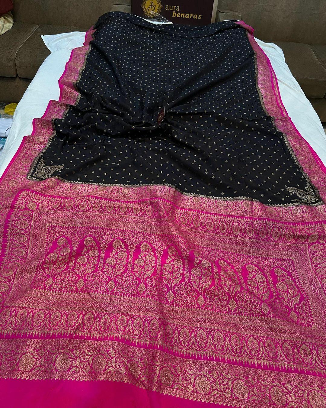 Black Pure Banarasi Khaddi Crepe Silk Saree - Aura Benaras