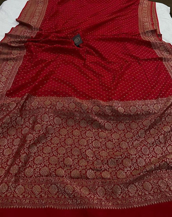 Red Pure Banarasi Khaddi Crepe Silk Saree - Aura Benaras