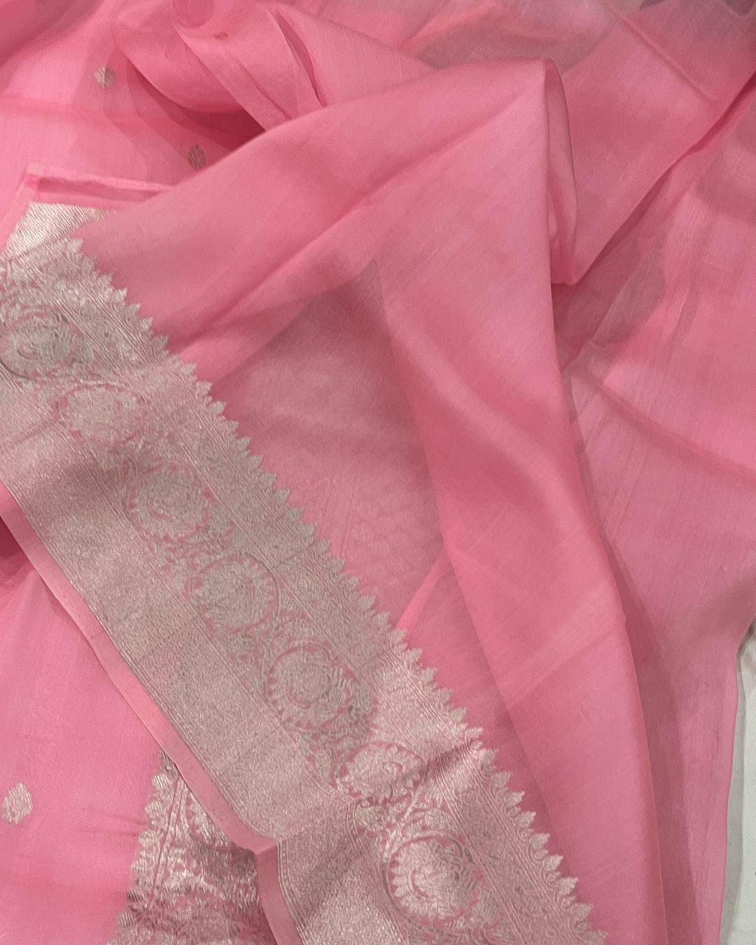 Baby Pink Banarasi Handloom Kora Silk Saree - Aura Benaras