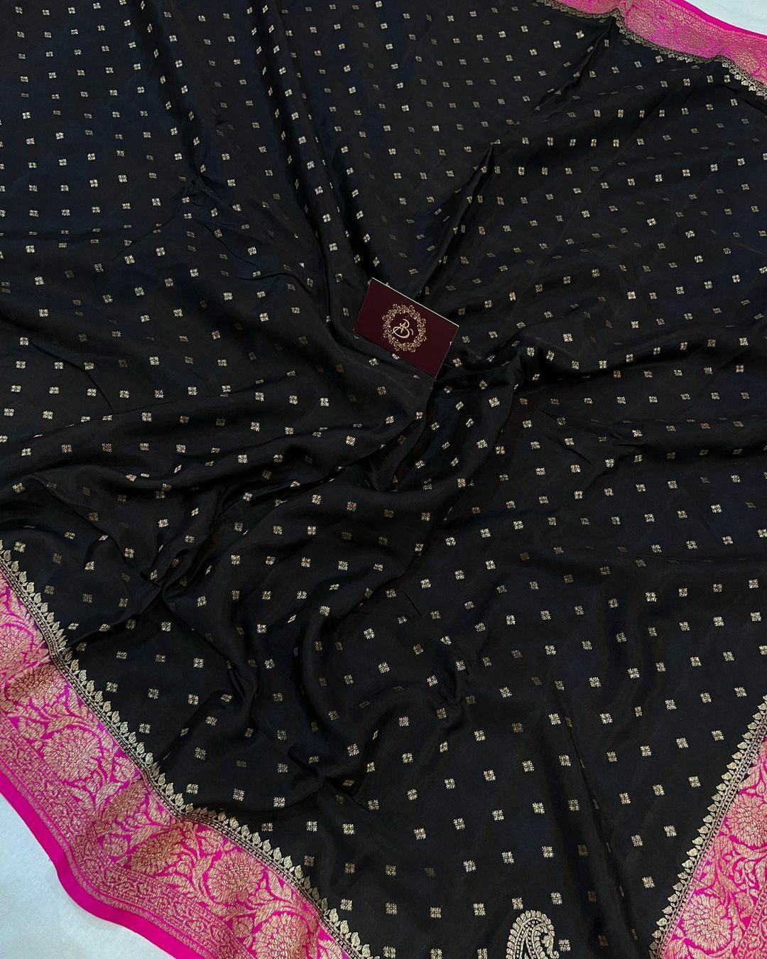 Black Pure Banarasi Khaddi Crepe Silk Saree - Aura Benaras