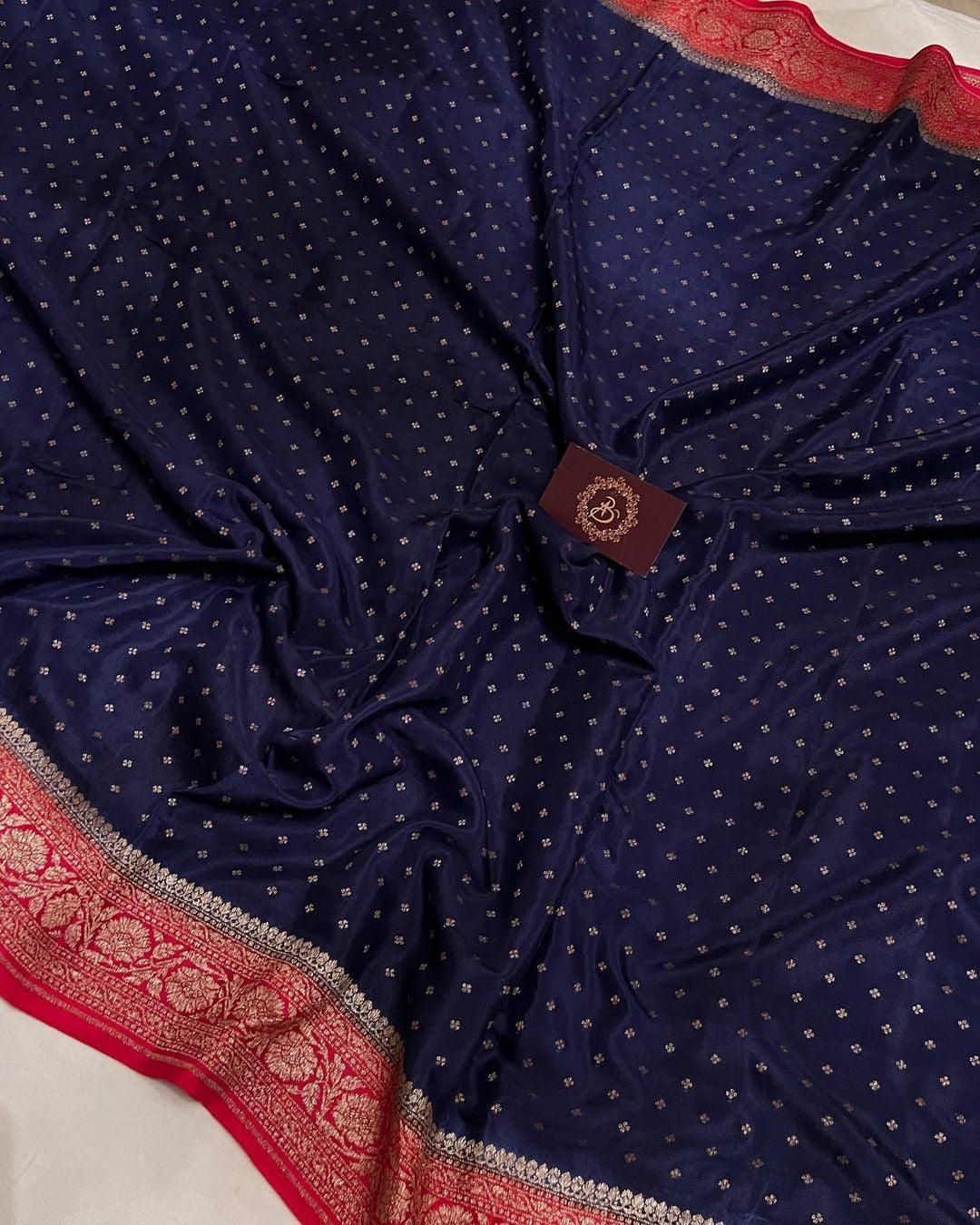 Navy Blue Pure Banarasi Khaddi Crepe Silk Saree - Aura Benaras