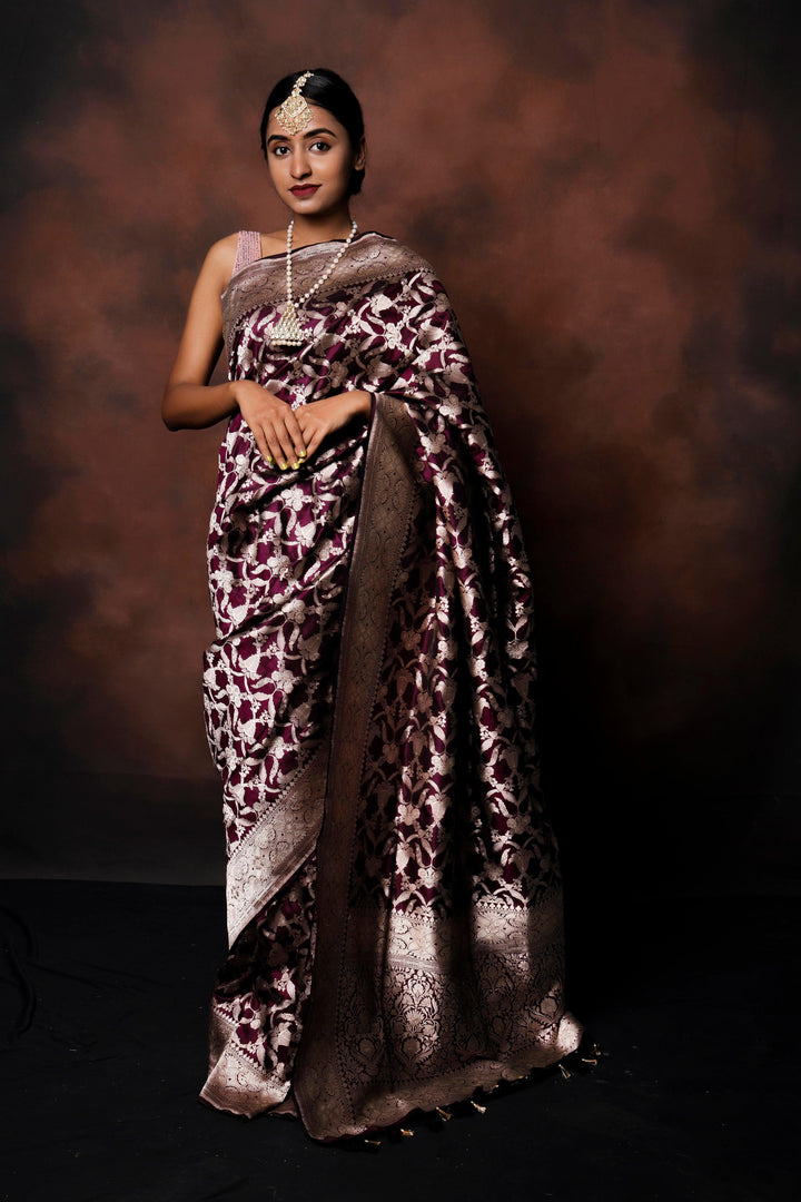 Wine Banarasi Handloom Katan Silk Saree - Aura Benaras