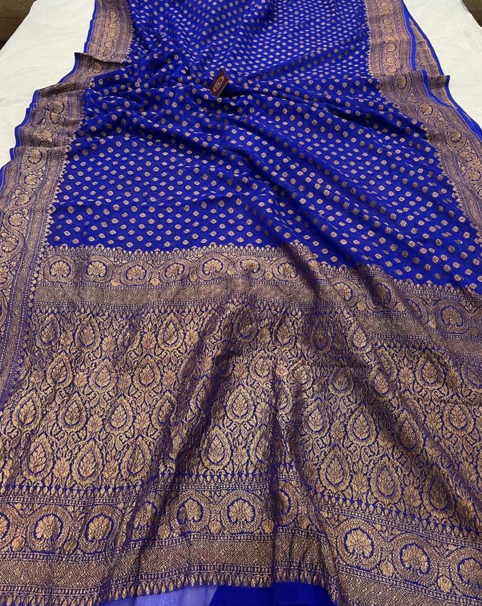 Royal Blue Pure Banarasi Khaddi Georgette Saree - Aura Benaras