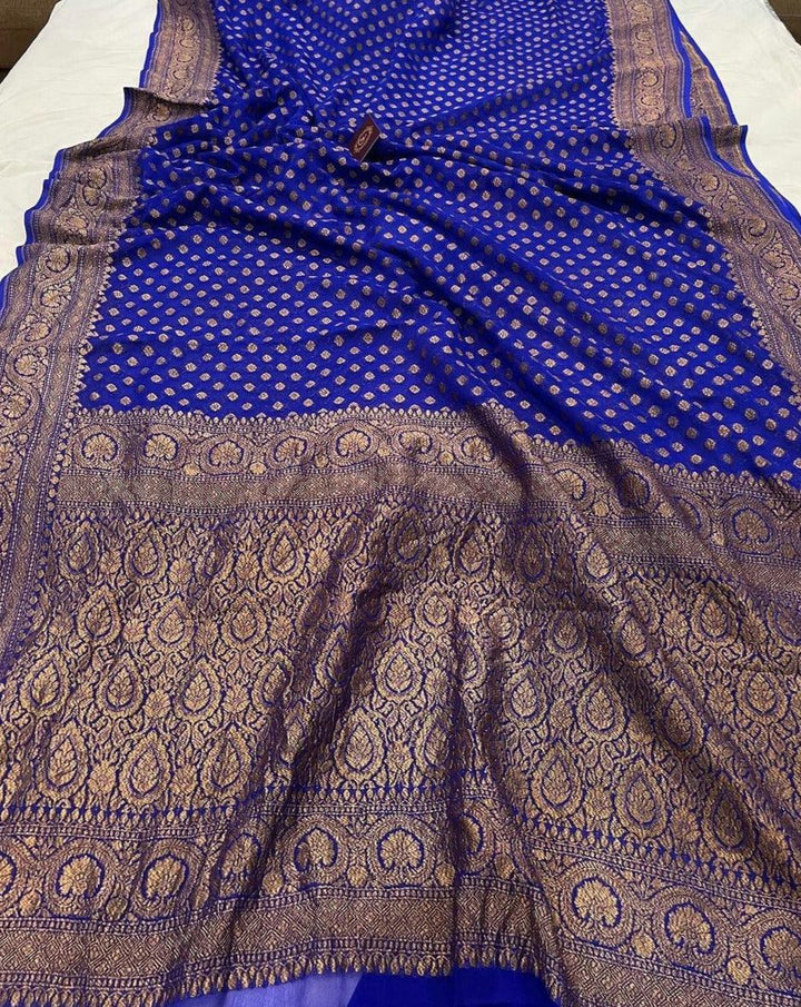 Royal Blue Pure Banarasi Khaddi Georgette Saree - Aura Benaras