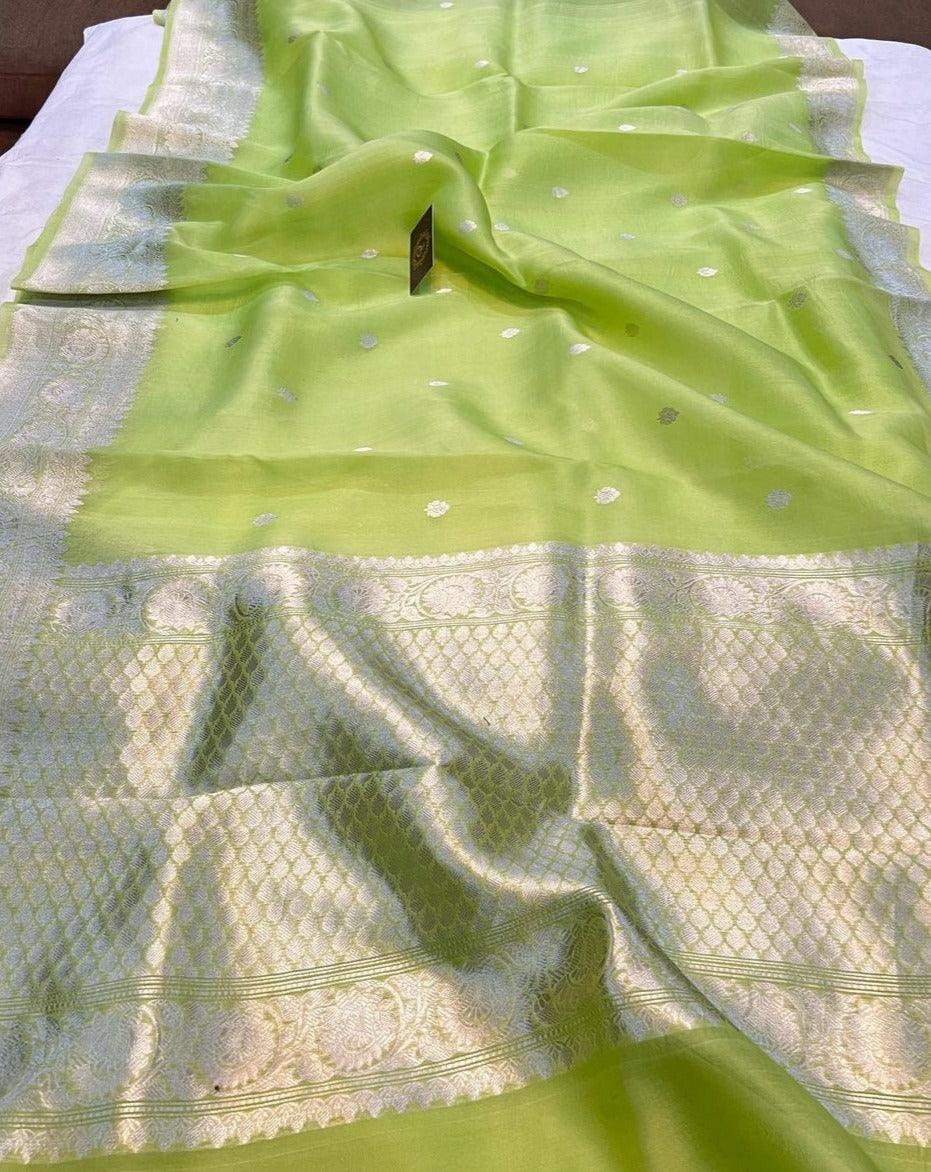 Pista Green Banarasi Handloom Kora Silk Saree - Aura Benaras