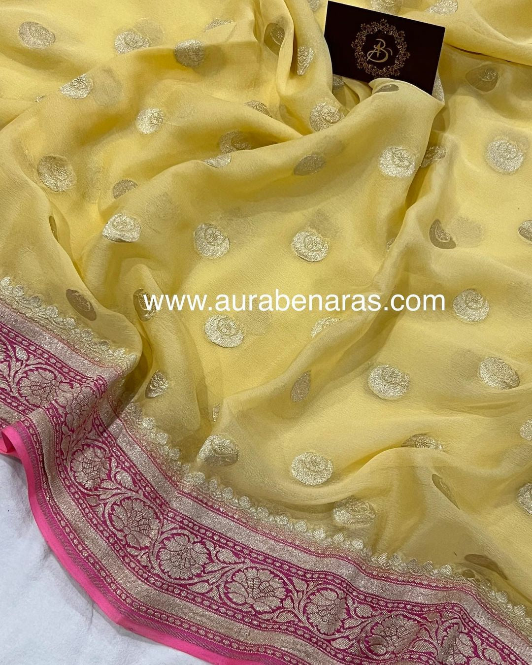 Banarasee Handwoven Faux Georgette Saree With Silver Zari Buti & Contr