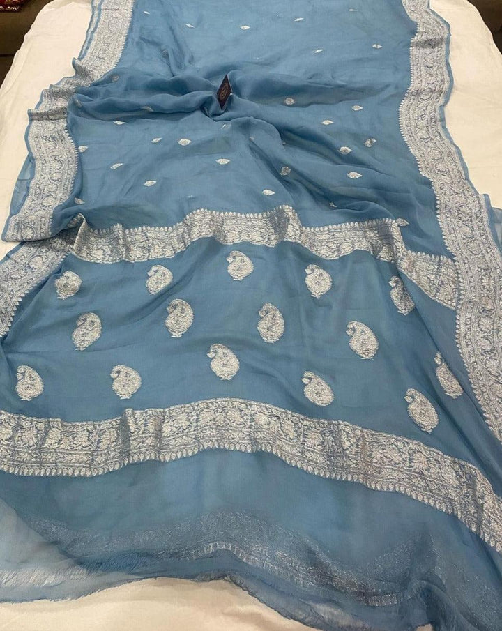 AirForce Blue Khaddi Chiffon Banarasi Handloom Saree - Aura Benaras
