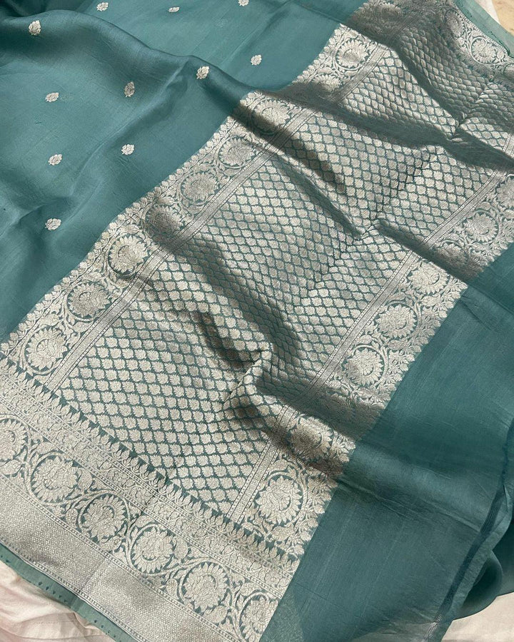 Greyish Green Banarasi Handloom Kora Silk Saree - Aura Benaras