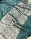 Greyish Green Banarasi Handloom Kora Silk Saree - Aura Benaras