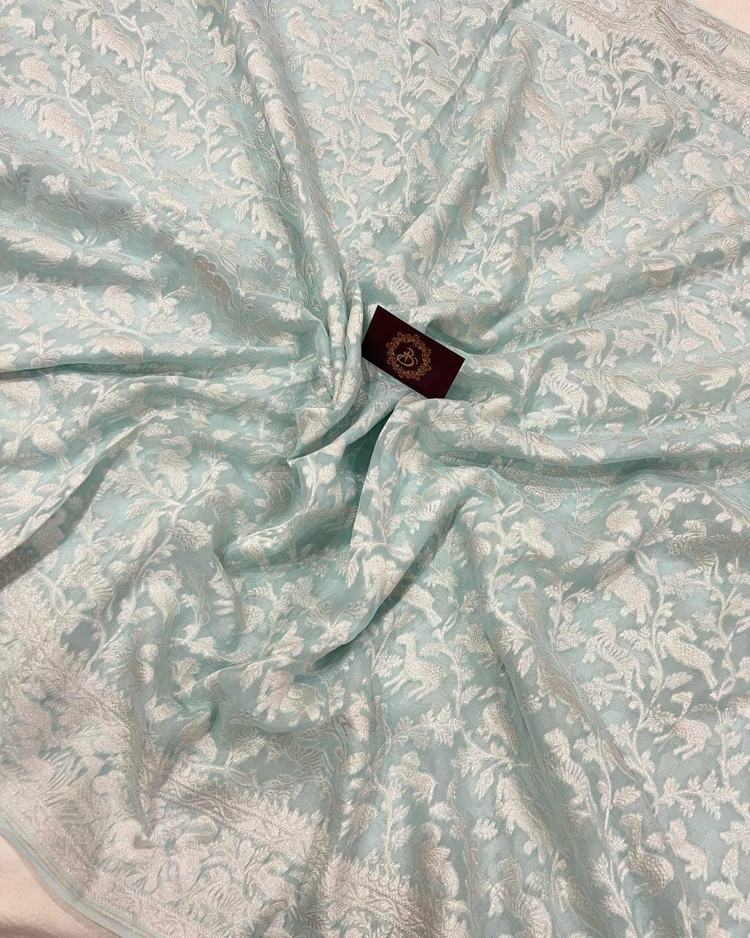 Pale Blue Pure Khaddi Georgette Handloom Banarasi Saree