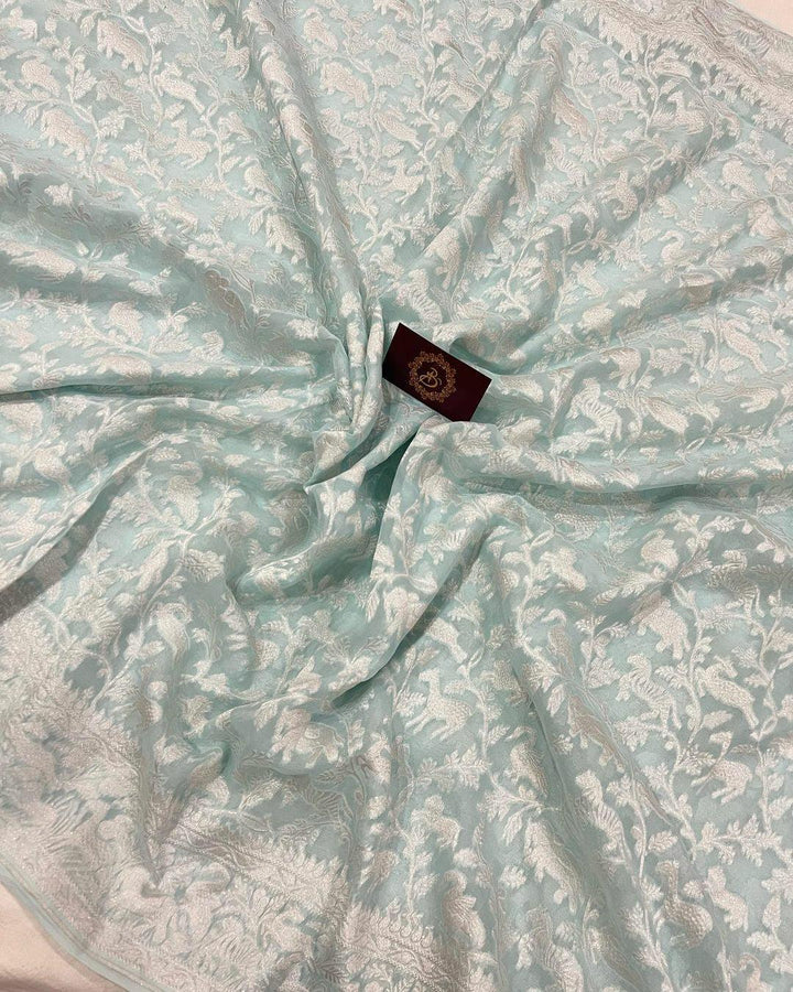 Pale Blue Pure Khaddi Georgette Handloom Banarasi Saree