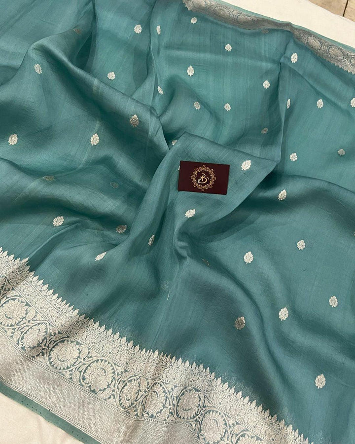 Greyish Green Banarasi Handloom Kora Silk Saree - Aura Benaras