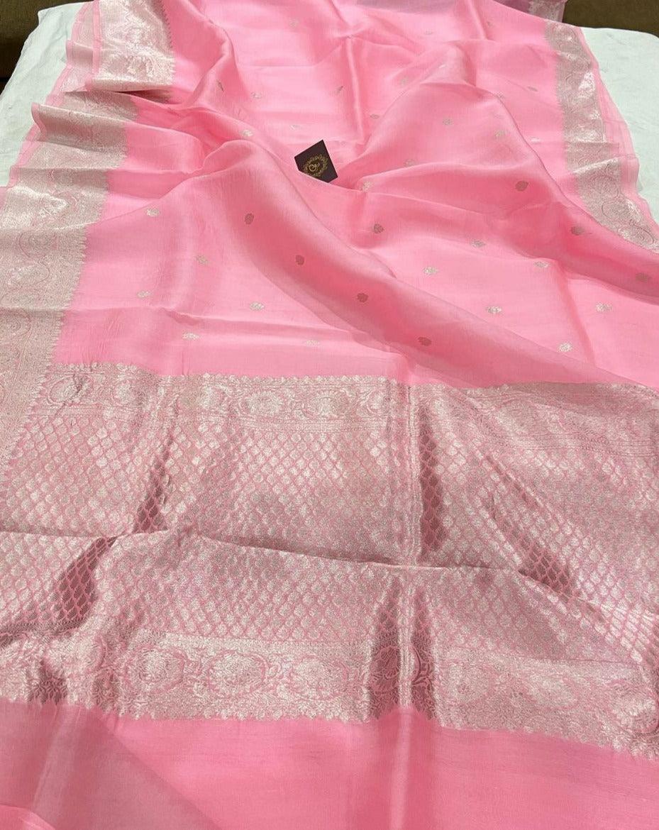 Baby Pink Banarasi Handloom Kora Silk Saree - Aura Benaras