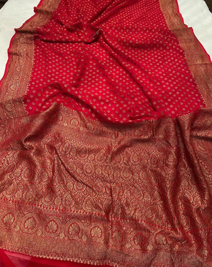 Red Pure Banarasi Khaddi Georgette Saree - Aura Benaras