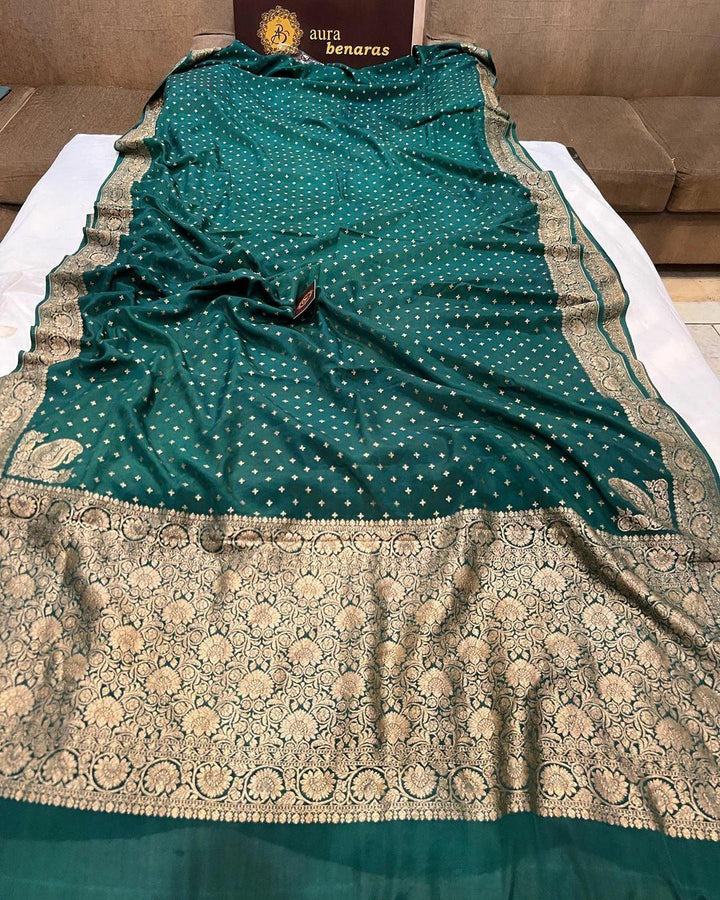 Bottle green Pure Banarasi Khaddi Crepe Silk Saree - Aura Benaras