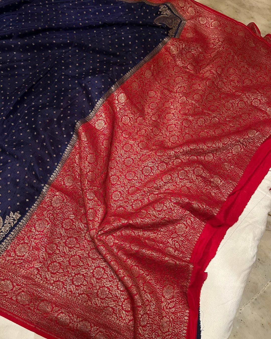 Navy Blue Pure Banarasi Khaddi Crepe Silk Saree - Aura Benaras