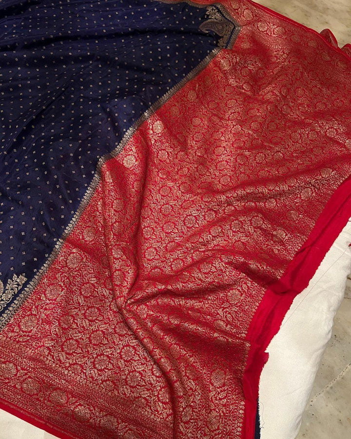 Navy Blue Pure Banarasi Khaddi Crepe Silk Saree - Aura Benaras
