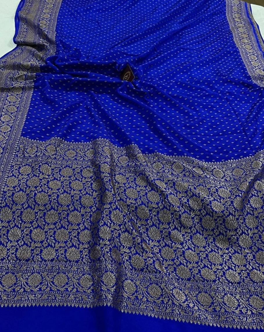 Royal Blue Pure Banarasi Khaddi Crepe Silk Saree - Aura Benaras