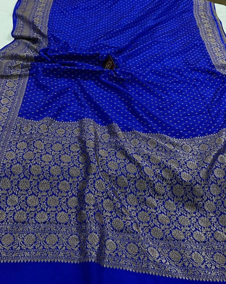 Royal Blue Pure Banarasi Khaddi Crepe Silk Saree - Aura Benaras