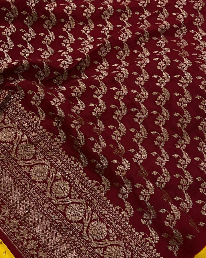 Yellow Pure Banarasi Khaddi Crepe Silk Saree - Aura Benaras