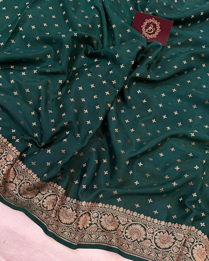 Bottle green Pure Banarasi Khaddi Crepe Silk Saree - Aura Benaras
