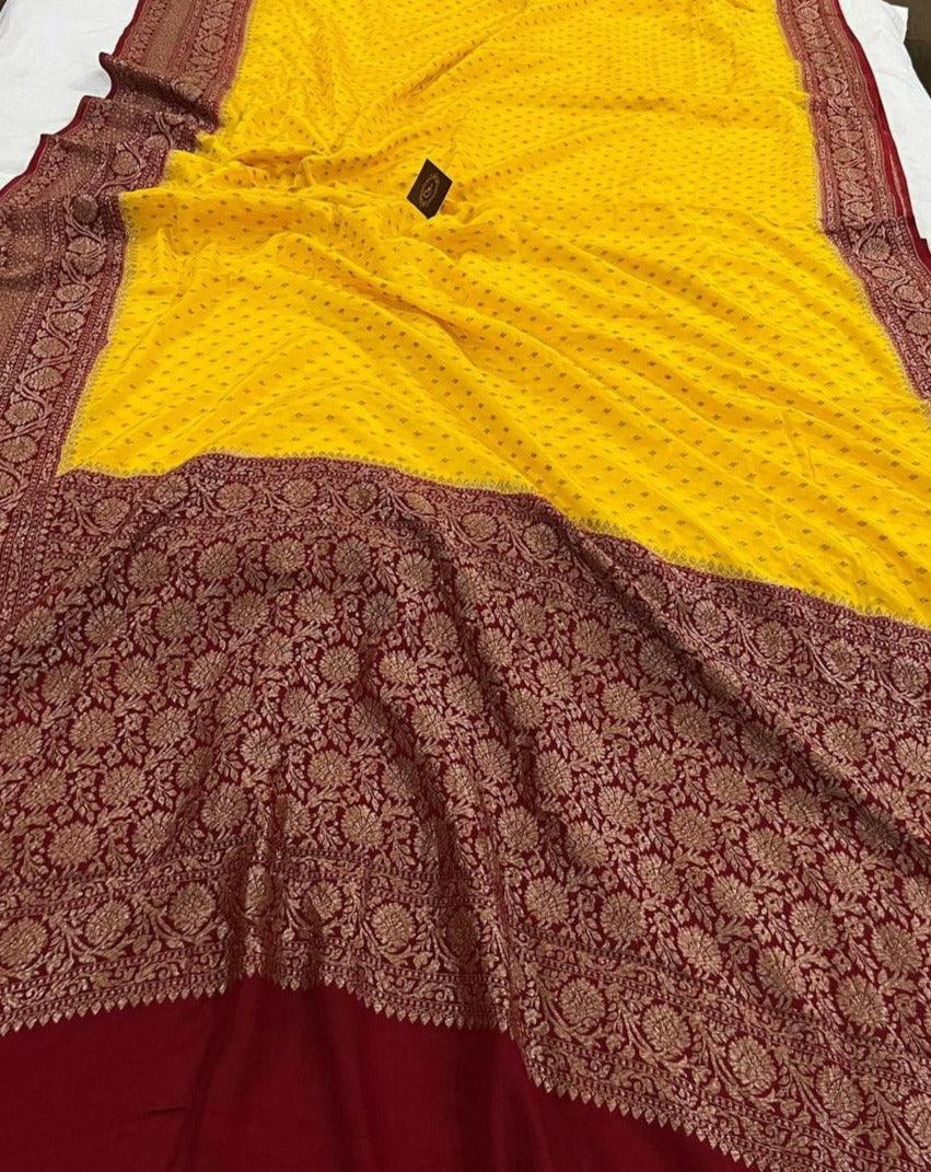 Yellow Pure Banarasi Khaddi Crepe Silk Saree - Aura Benaras