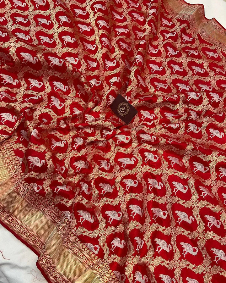 Red Kadwa Jaal Pure Banarasi Handloom Katan Silk Saree - Aura Benaras