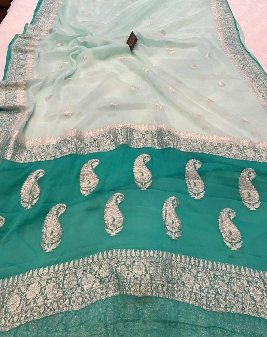Mint Green Khaddi Chiffon Banarasi Handloom Saree - Aura Benaras