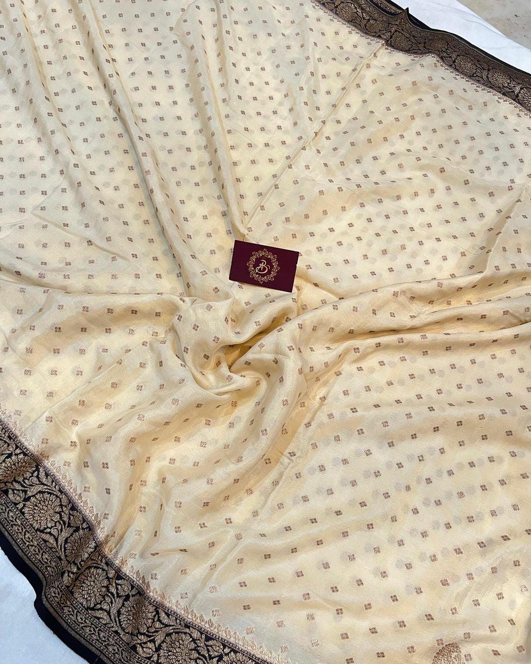 Cream Pure Banarasi Khaddi Crepe Silk Saree - Aura Benaras