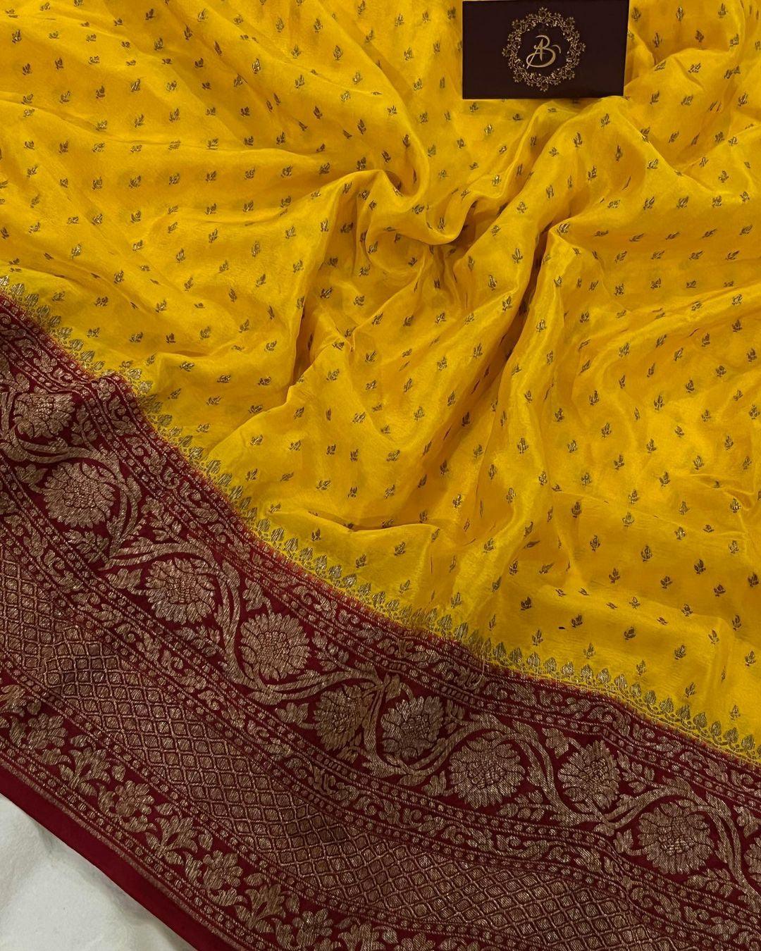 Yellow Pure Banarasi Khaddi Crepe Silk Saree - Aura Benaras