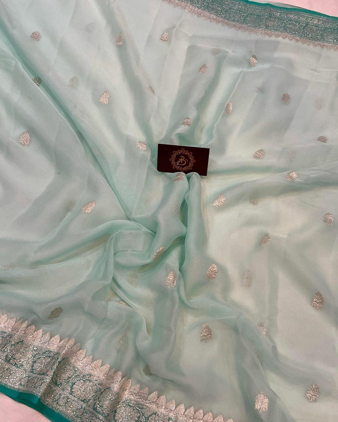 Mint Green Khaddi Chiffon Banarasi Handloom Saree - Aura Benaras