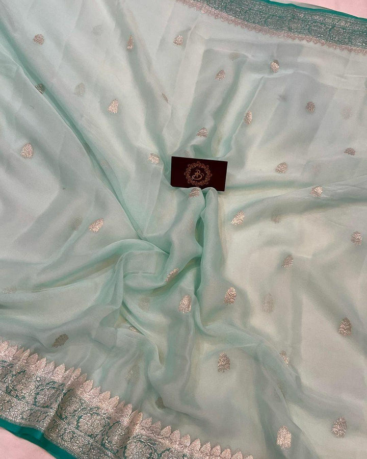 Mint Green Khaddi Chiffon Banarasi Handloom Saree - Aura Benaras